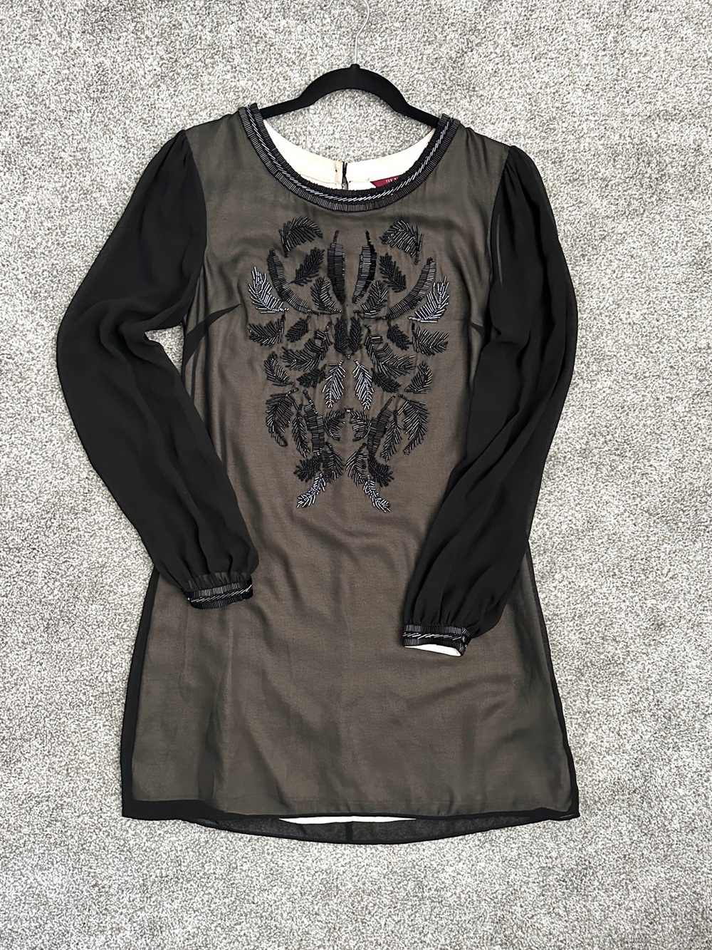 Ted Baker Black Beaded Feather Shift Dress Sheer Sleeves Sz 2 Occasion